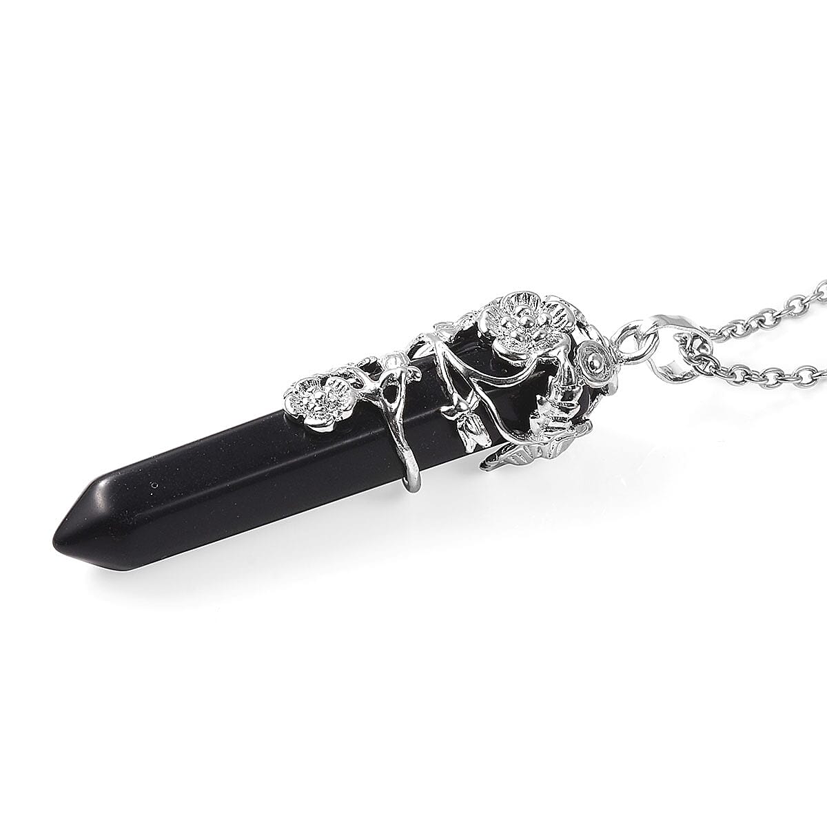 Set of 3 Black Agate, Black and White Chroma Stretch Bracelets and Pointer Pendant Necklace 24 Inches in Black Oxidized Silvertone & Stainless Steel 168.00 ctw