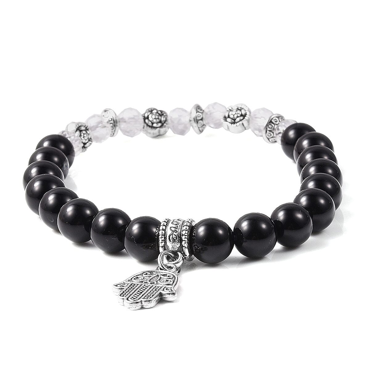 Set of 3 Black Agate, Black and White Chroma Stretch Bracelets and Pointer Pendant Necklace 24 Inches in Black Oxidized Silvertone & Stainless Steel 168.00 ctw