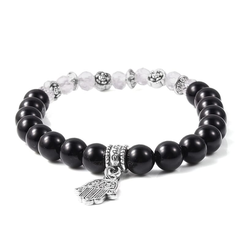 Set of 3 Black Agate, Black and White Chroma Stretch Bracelets and Pointer Pendant Necklace 24 Inches in Black Oxidized Silvertone & Stainless Steel 168.00 ctw