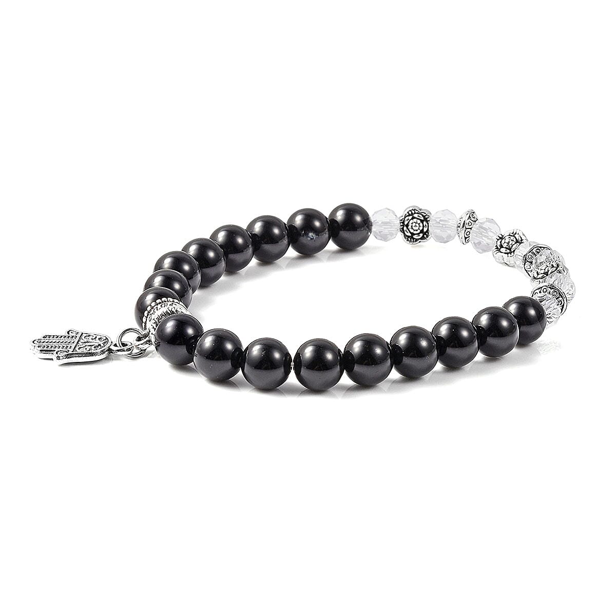 Set of 3 Black Agate, Black and White Chroma Stretch Bracelets and Pointer Pendant Necklace 24 Inches in Black Oxidized Silvertone & Stainless Steel 168.00 ctw