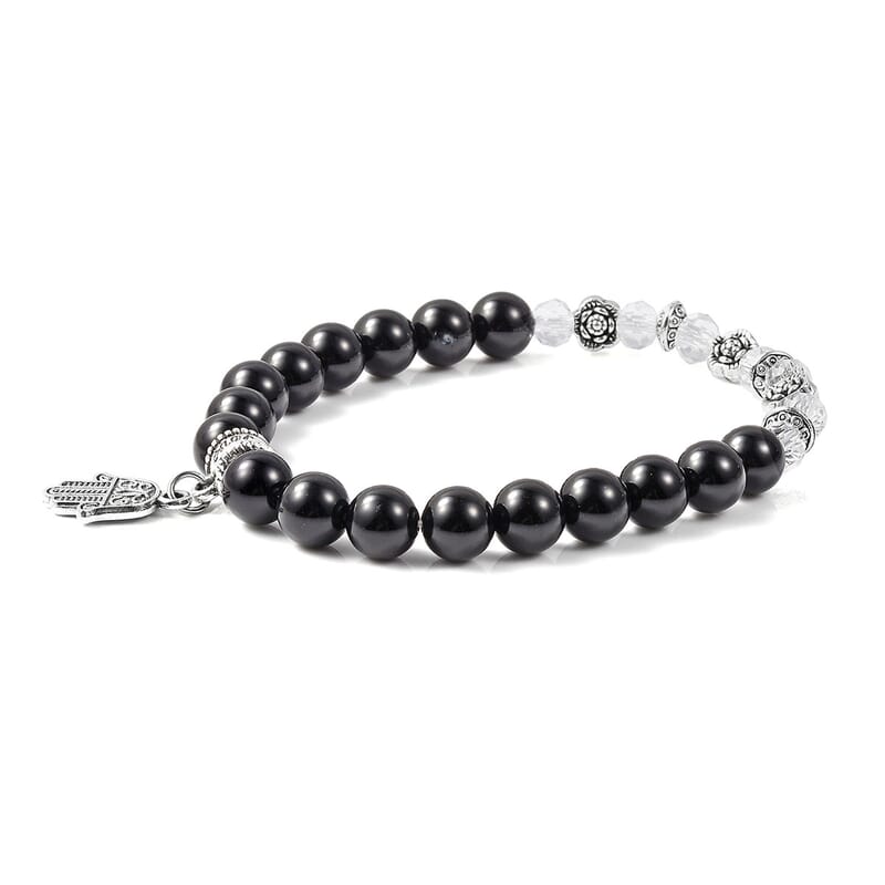 Set of 3 Black Agate, Black and White Chroma Stretch Bracelets and Pointer Pendant Necklace 24 Inches in Black Oxidized Silvertone & Stainless Steel 168.00 ctw