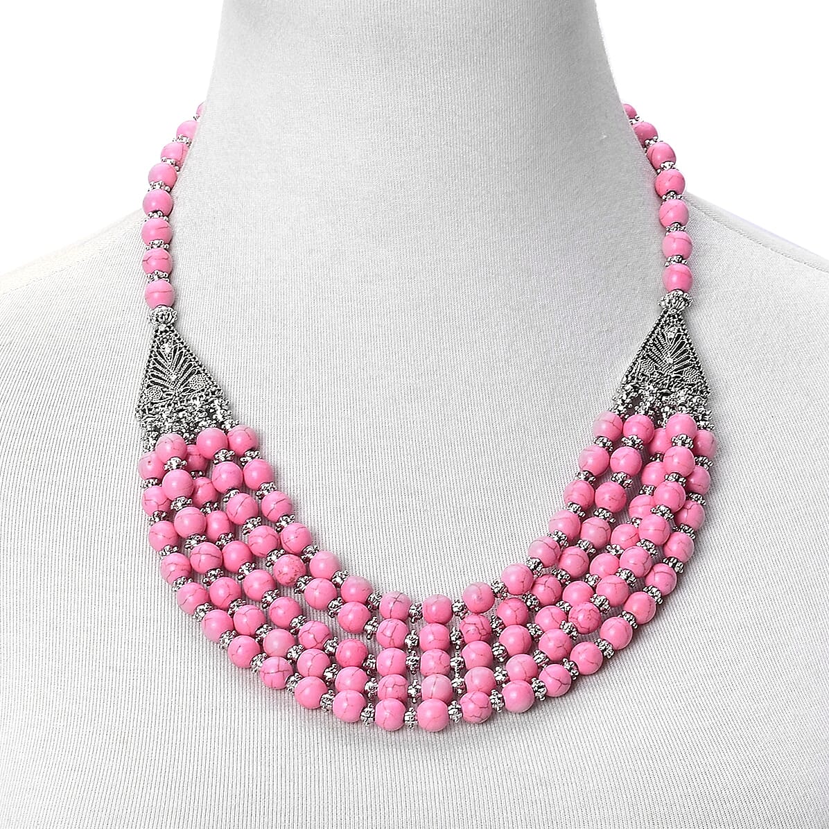 Constituted Pink Howlite Beaded Triple Row Bracelet 7.5-9.5 inch and Drape Necklace (20.00 In) in Black Oxidized Silvertone 804.50 ctw