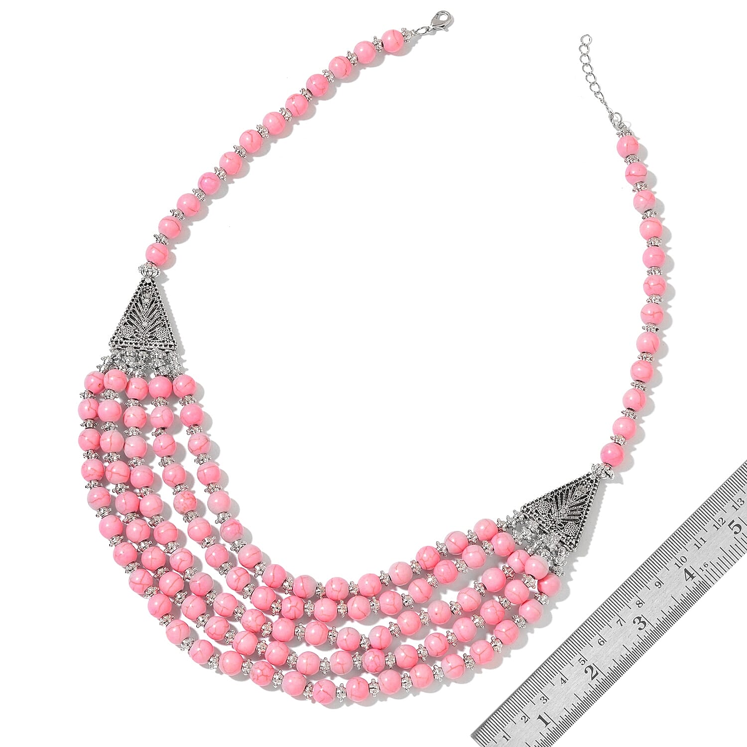 Constituted Pink Howlite Beaded Triple Row Bracelet 7.5-9.5 inch and Drape Necklace (20.00 In) in Black Oxidized Silvertone 804.50 ctw