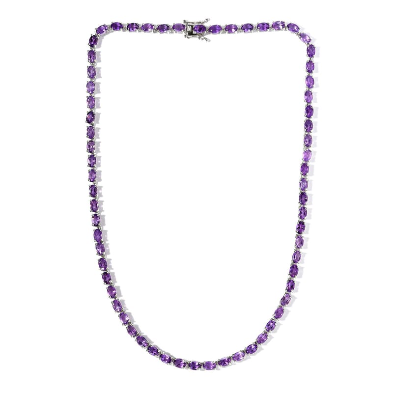 D'Joy Lusaka Amethyst Necklace Sterling Silver, Silver Tennis, Open Box Clasp 18 Inches 30.00 ctw
