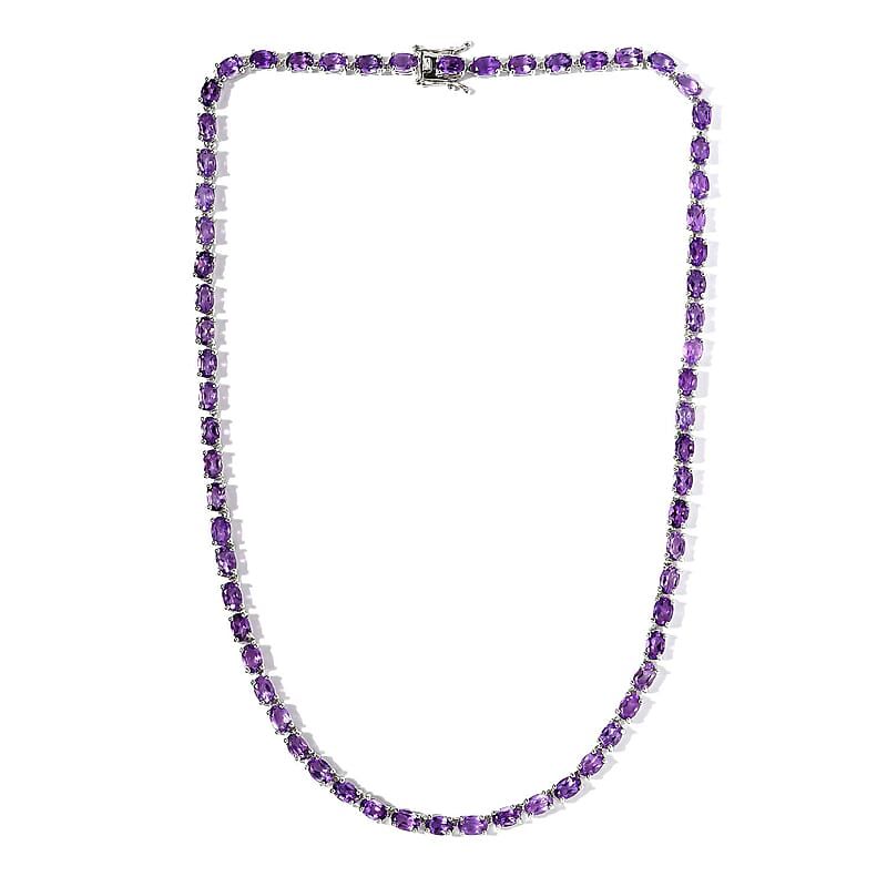 D'Joy Lusaka Amethyst Necklace Sterling Silver, Silver Tennis, Open Box Clasp 18 Inches 30.00 ctw