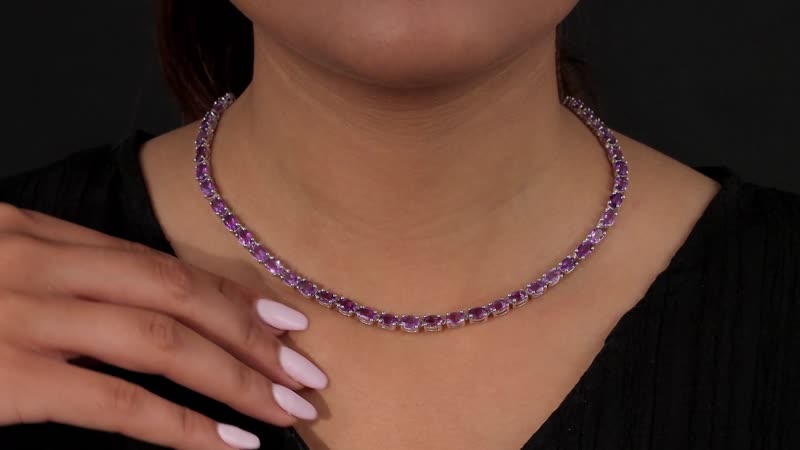 D'Joy Lusaka Amethyst Necklace Sterling Silver, Silver Tennis, Open Box Clasp 18 Inches 30.00 ctw