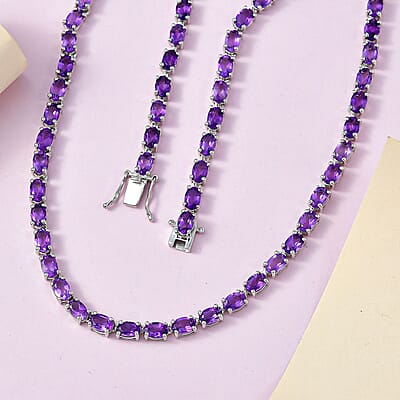 D'Joy Lusaka Amethyst Necklace Sterling Silver, Silver Tennis, Open Box Clasp 18 Inches 30.00 ctw