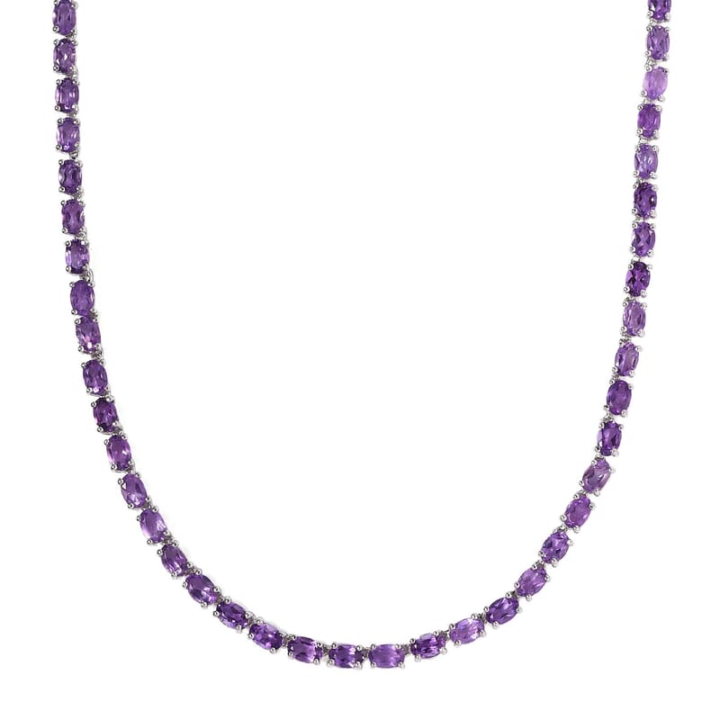 D'Joy Lusaka Amethyst Necklace Sterling Silver, Silver Tennis, Open Box Clasp 18 Inches 30.00 ctw