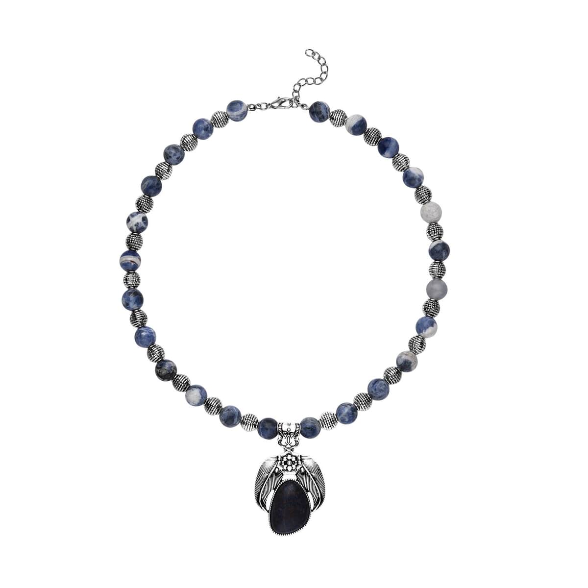 Sodalite Floral Pendant on Beaded Necklace 18-20 Inches in Black Oxidized Silvertone 250.00 ctw image number 0