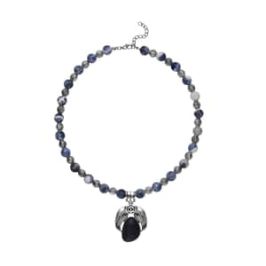 Sodalite Floral Pendant on Beaded Necklace 18-20 Inches in Black Oxidized Silvertone 250.00 ctw