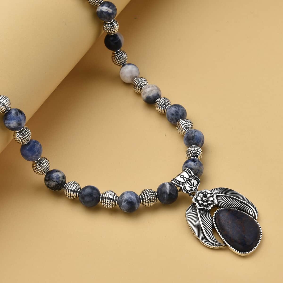 Sodalite Floral Pendant on Beaded Necklace 18-20 Inches in Black Oxidized Silvertone 250.00 ctw image number 1