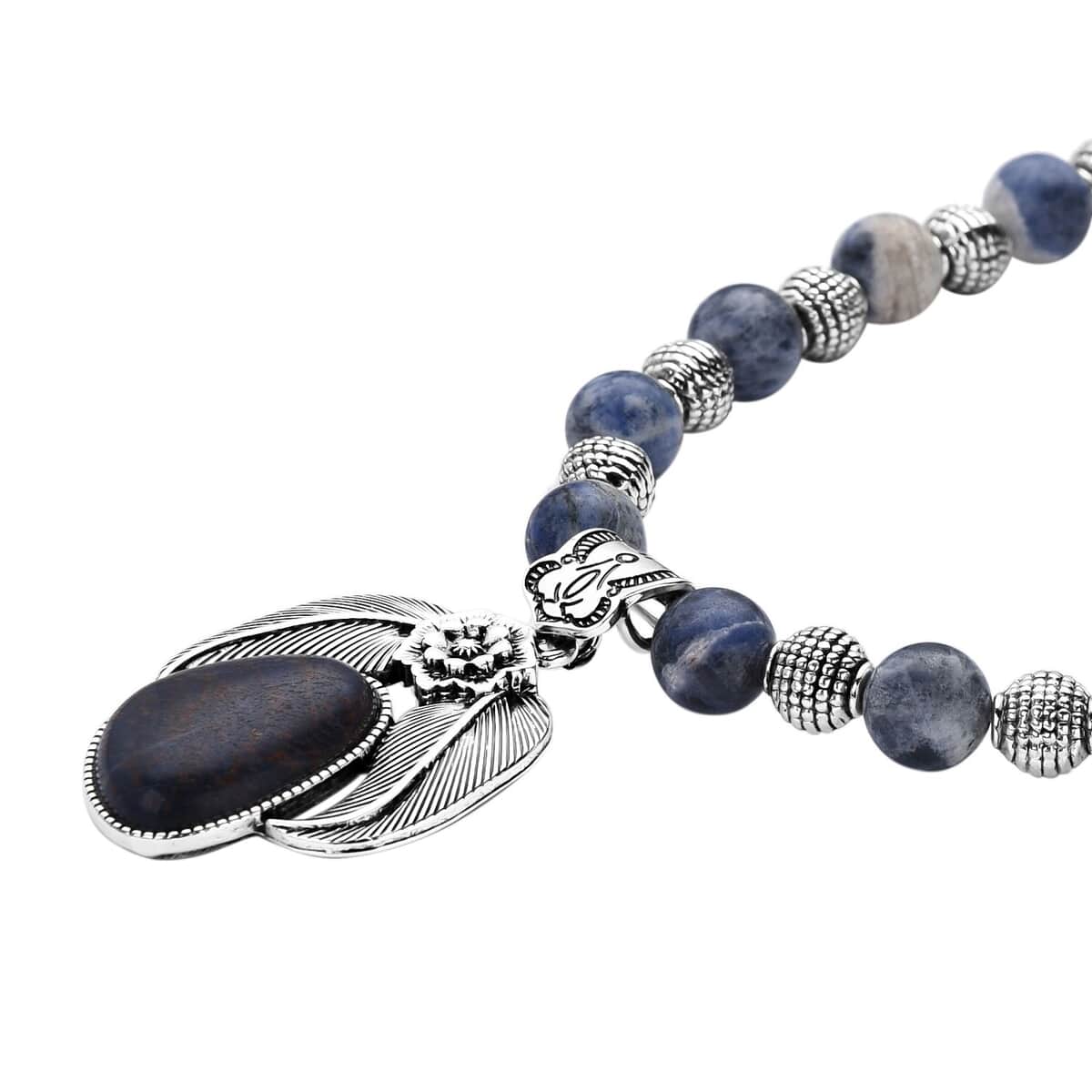 Sodalite Floral Pendant on Beaded Necklace 18-20 Inches in Black Oxidized Silvertone 250.00 ctw image number 2