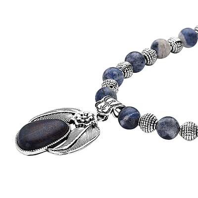 Sodalite Floral Pendant on Beaded Necklace 18-20 Inches in Black Oxidized Silvertone 250.00 ctw