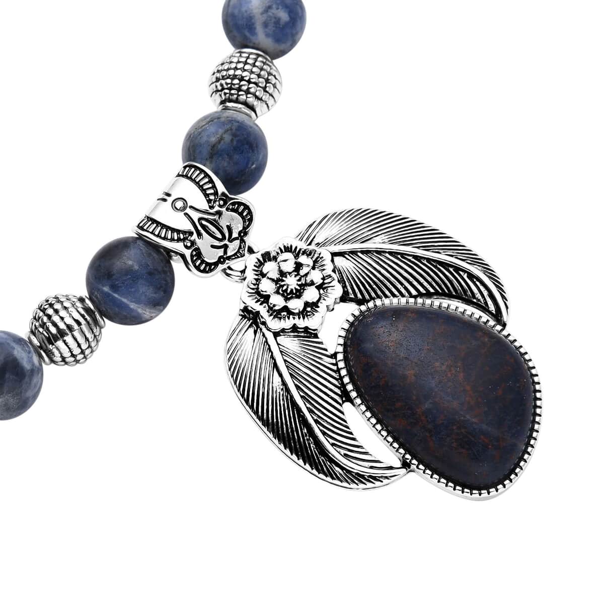 Sodalite Floral Pendant on Beaded Necklace 18-20 Inches in Black Oxidized Silvertone 250.00 ctw image number 3