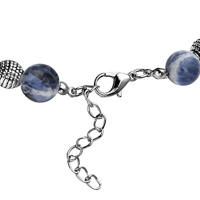 Sodalite Floral Pendant on Beaded Necklace 18-20 Inches in Black Oxidized Silvertone 250.00 ctw