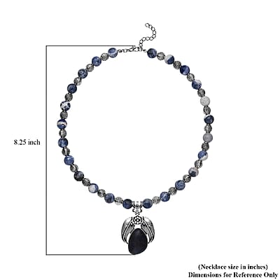 Sodalite Floral Pendant on Beaded Necklace 18-20 Inches in Black Oxidized Silvertone 250.00 ctw