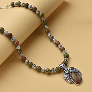 Unakite Beaded Necklace in Black Oxidized Silvertone, Floral Pendant, Flower Necklace  250.00 ctw