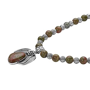 Unakite Beaded Necklace in Black Oxidized Silvertone, Floral Pendant, Flower Necklace  250.00 ctw