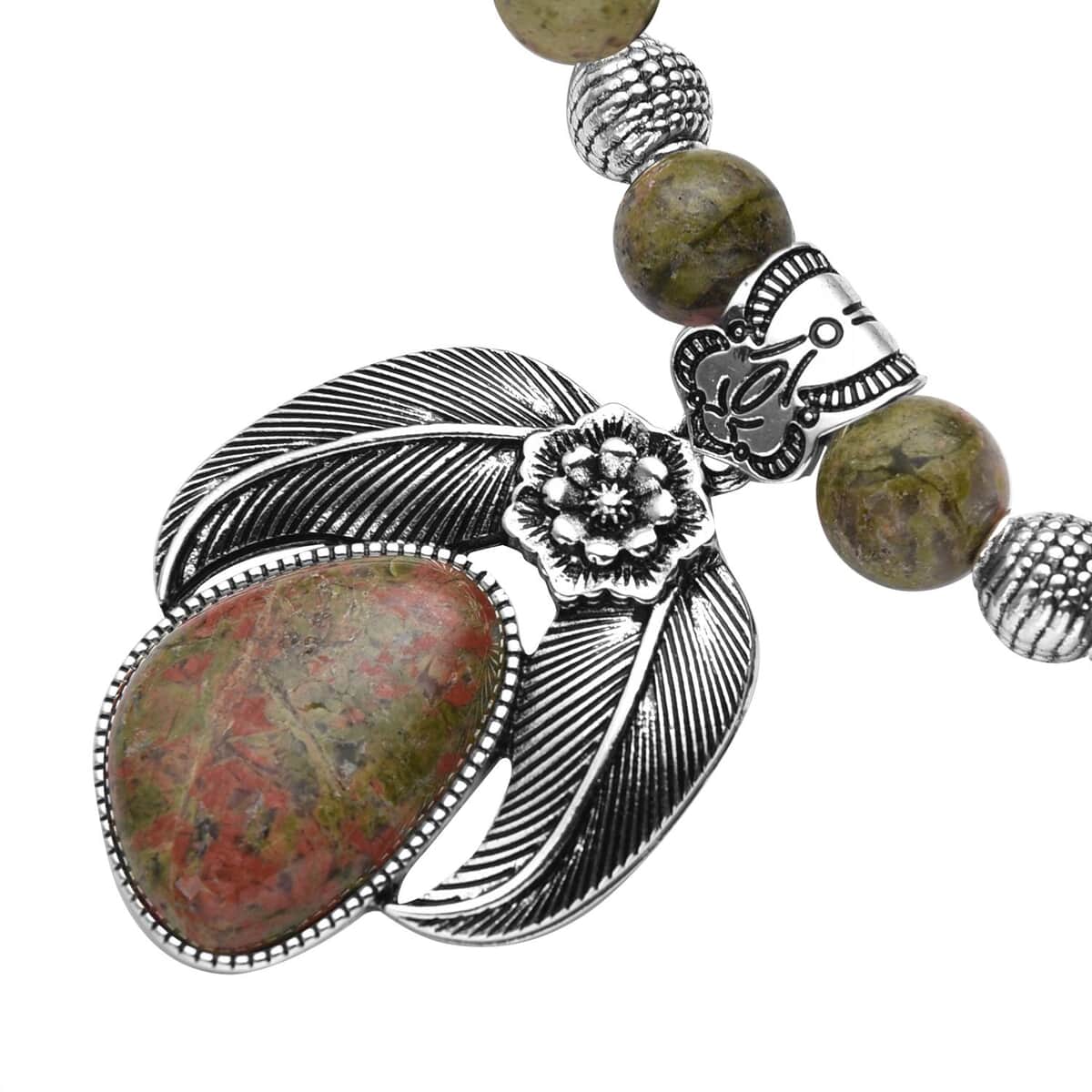 Unakite Beaded Necklace in Black Oxidized Silvertone, Floral Pendant, Flower Necklace  250.00 ctw image number 3