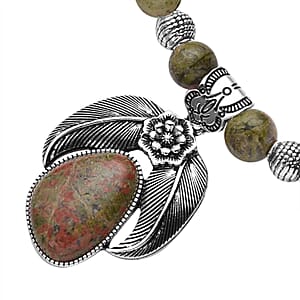 Unakite Beaded Necklace in Black Oxidized Silvertone, Floral Pendant, Flower Necklace  250.00 ctw