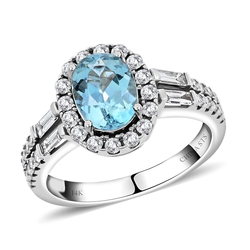 One Of A Kind Certified & Appraised Luxoro Santa Maria Aquamarine and Diamond 1.70 ctw Halo Ring in 14K White Gold (Size 6.0) 