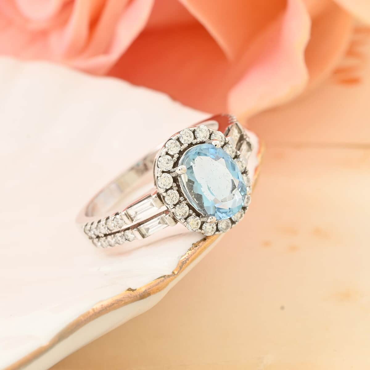 One Of A Kind Certified & Appraised Luxoro 14K White Gold Santa Maria Aquamarine and Diamond Halo Ring (Size 6.0) 1.70 ctw image number 1