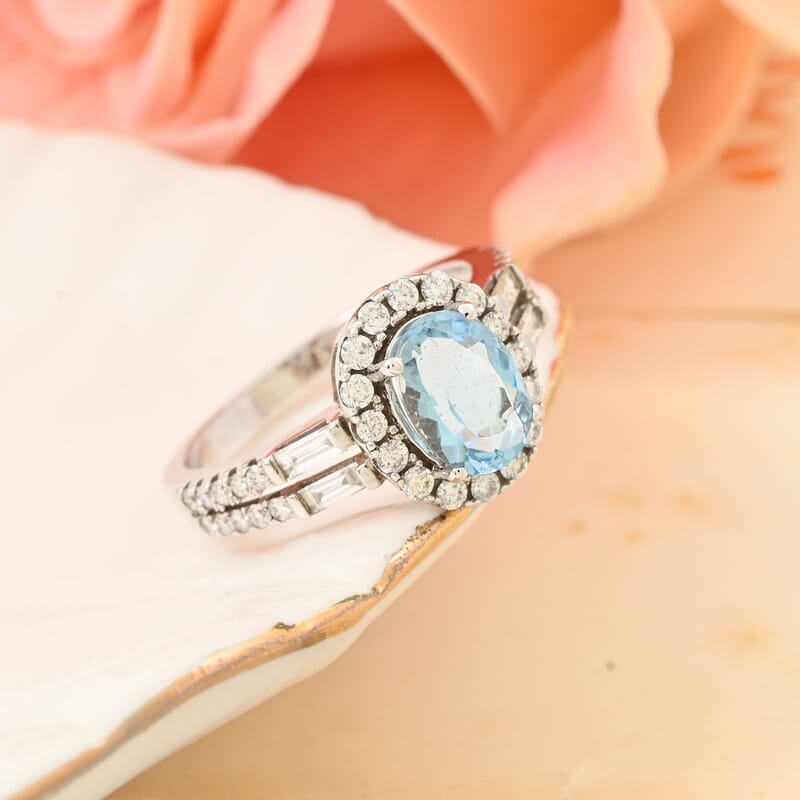 One Of A Kind Certified & Appraised Luxoro Santa Maria Aquamarine and Diamond 1.70 ctw Halo Ring in 14K White Gold (Size 6.0) 