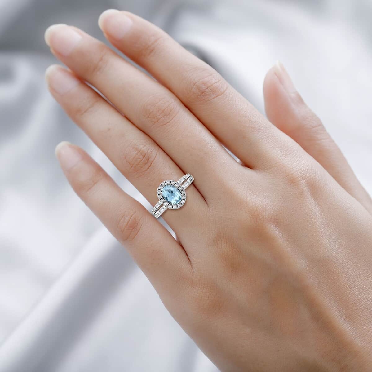 One Of A Kind Certified & Appraised Luxoro 14K White Gold Santa Maria Aquamarine and Diamond Halo Ring (Size 6.0) 1.70 ctw image number 2