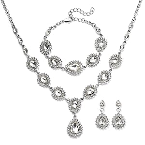 Glass, Austrian Crystal Bracelet (7.50-9.50In), Earrings and Necklace 20-22 Inches in Silvertone