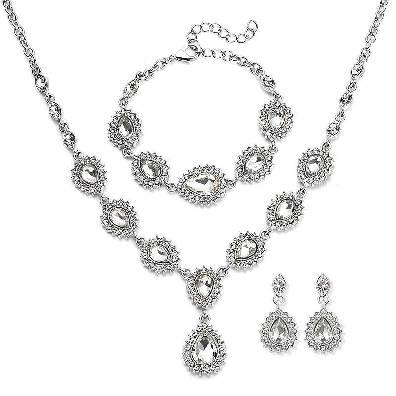 Glass, Austrian Crystal Bracelet (7.50-9.50In), Earrings and Necklace 20-22 Inches in Silvertone