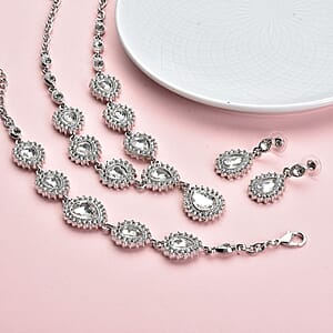 Glass, Austrian Crystal Bracelet (7.50-9.50In), Earrings and Necklace 20-22 Inches in Silvertone