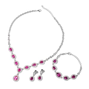 Fuchsia Glass and Austrian Crystal Bracelet 7.50 In and Earrings and Necklace 20-22 Inches in Silvertone