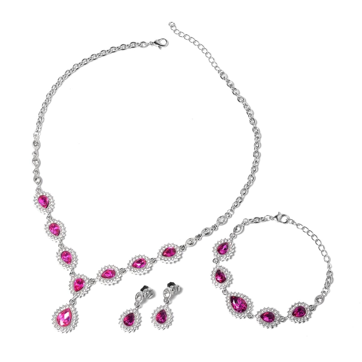 Fuchsia Glass and Austrian Crystal Bracelet 7.50 In and Earrings and Necklace 20-22 Inches in Silvertone image number 0