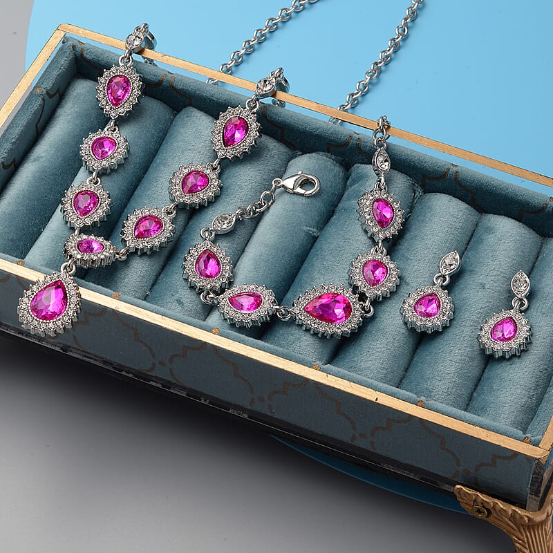 Fuchsia Glass and Austrian Crystal Bracelet 7.50 In and Earrings and Necklace 20-22 Inches in Silvertone