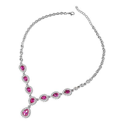 Fuchsia Glass and Austrian Crystal Bracelet 7.50 In and Earrings and Necklace 20-22 Inches in Silvertone