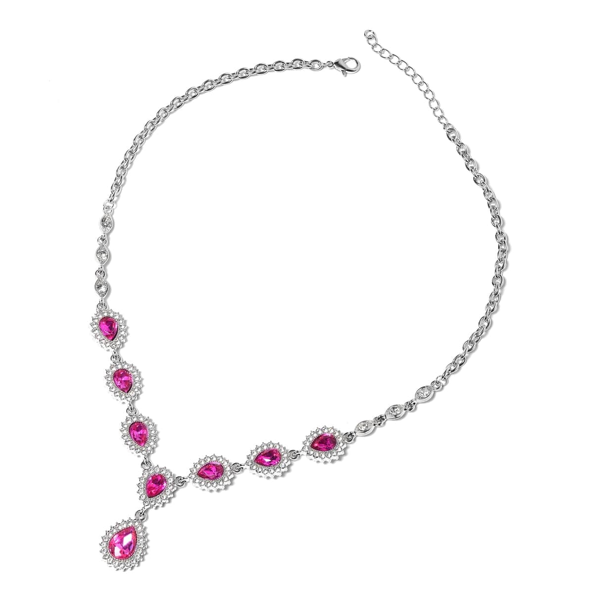Fuchsia Glass and Austrian Crystal Bracelet 7.50 In and Earrings and Necklace 20-22 Inches in Silvertone image number 2
