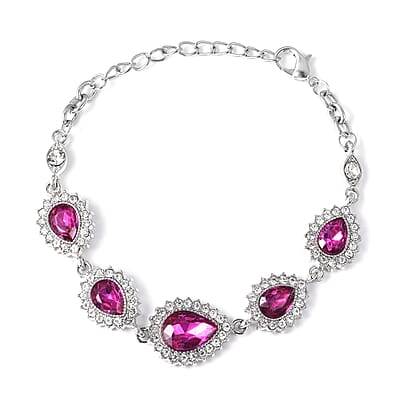 Fuchsia Glass and Austrian Crystal Bracelet 7.50 In and Earrings and Necklace 20-22 Inches in Silvertone