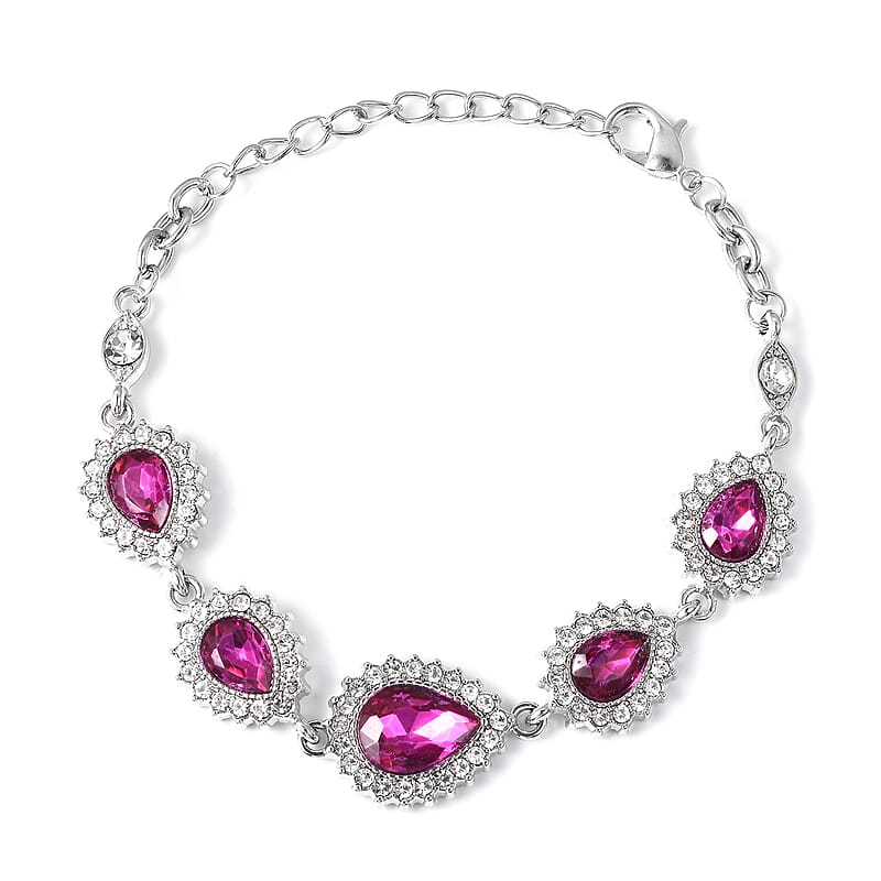 Fuchsia Glass and Austrian Crystal Bracelet 7.50 In and Earrings and Necklace 20-22 Inches in Silvertone