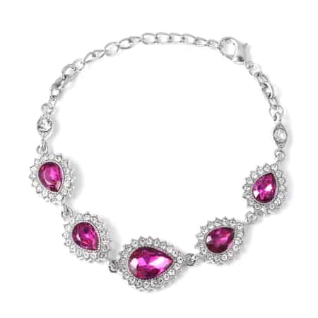 Fuchsia Glass and Austrian Crystal Bracelet 7.50 In and Earrings and Necklace 20-22 Inches in Silvertone image number 4