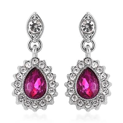 Fuchsia Glass and Austrian Crystal Bracelet 7.50 In and Earrings and Necklace 20-22 Inches in Silvertone