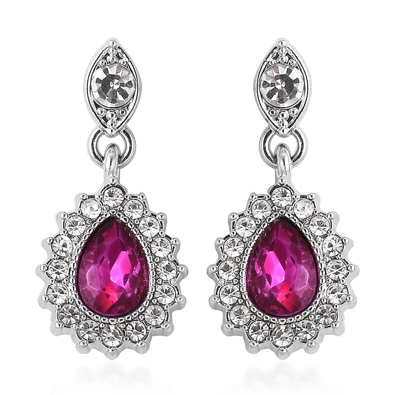 Fuchsia Glass and Austrian Crystal Bracelet 7.50 In and Earrings and Necklace 20-22 Inches in Silvertone
