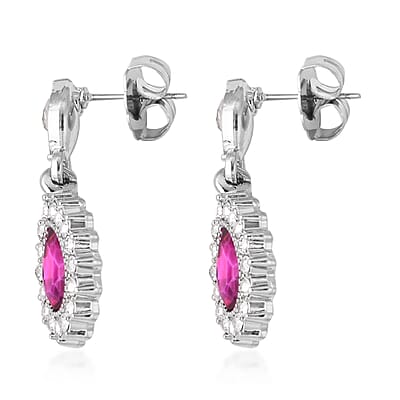Fuchsia Glass and Austrian Crystal Bracelet 7.50 In and Earrings and Necklace 20-22 Inches in Silvertone
