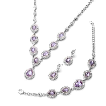 Simulated Purple Sapphire and Austrian Crystal Bracelet (7.50 in), Earrings and Necklace (20.00 In) in Silvertone image number 0