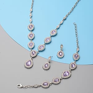 Simulated Purple Sapphire and Austrian Crystal Bracelet (7.50 in), Earrings and Necklace (20.00 In) in Silvertone