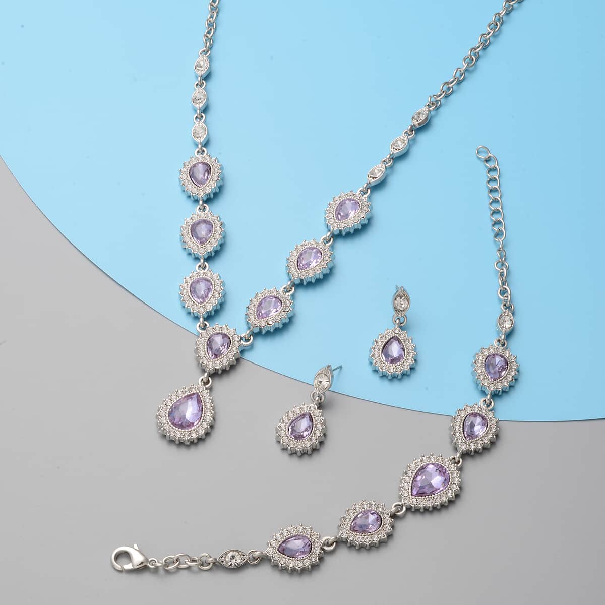 Simulated Purple Sapphire and Austrian Crystal Bracelet (7.50 in), Earrings and Necklace (20.00 In) in Silvertone image number 1