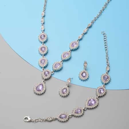 Simulated Purple Sapphire and Austrian Crystal Bracelet (7.50 in), Earrings and Necklace (20.00 In) in Silvertone image number 1