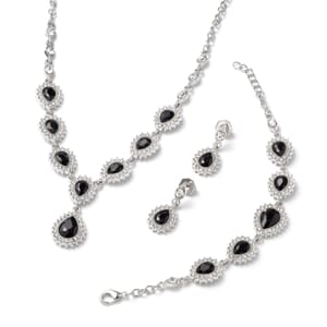 Black Glass, Austrian Crystal Bracelet (6.50-8.50Inch) Earrings and Necklace 20-22 Inches in Silvertone