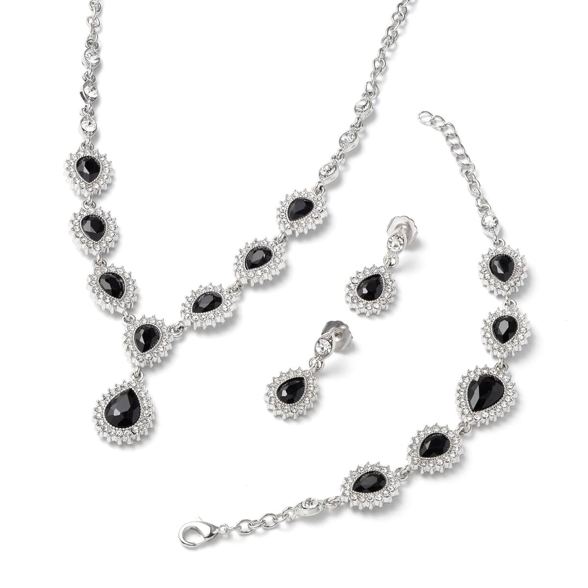 Black Glass, Austrian Crystal Bracelet (6.50-8.50Inch) Earrings and Necklace 20-22 Inches in Silvertone image number 0