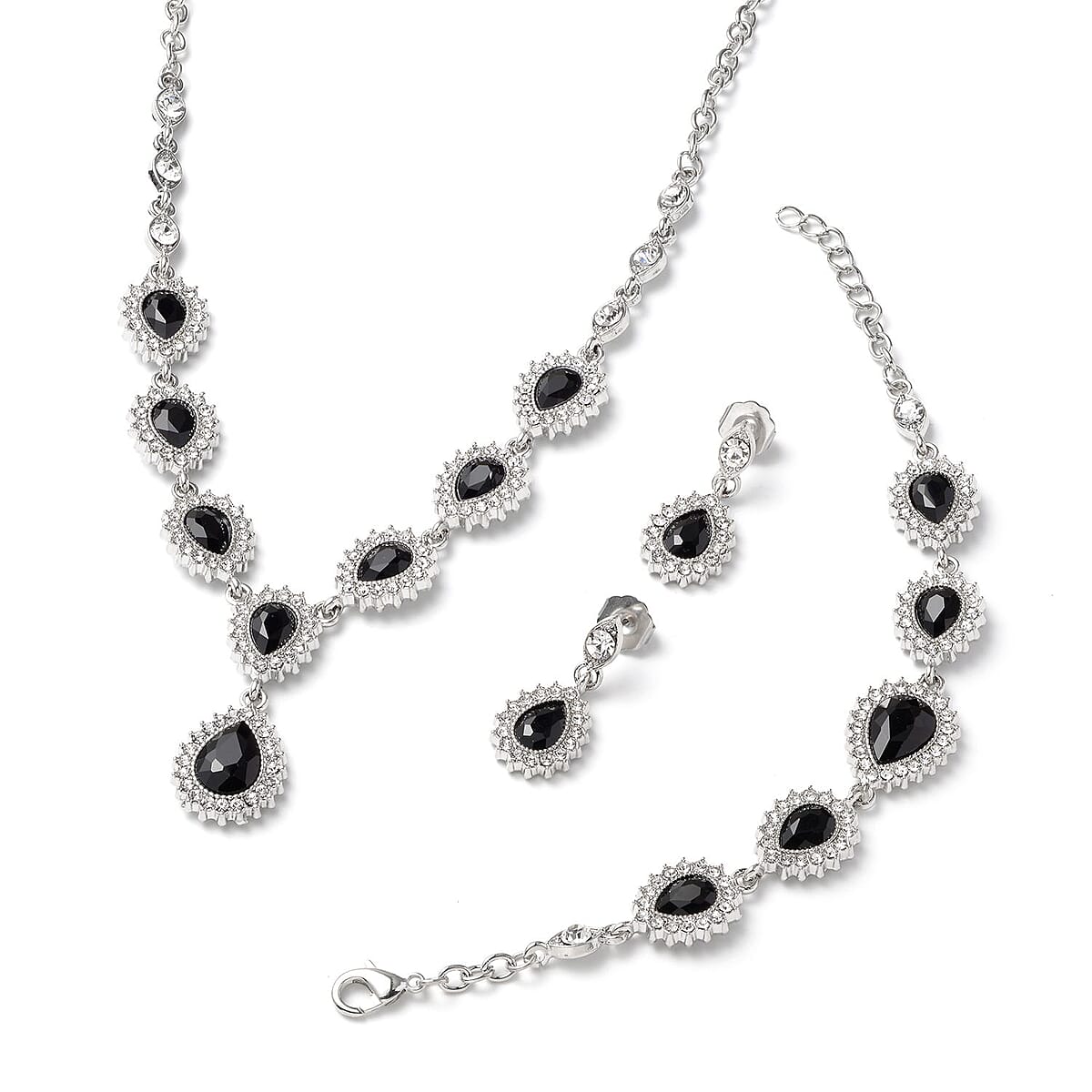 Black Glass, Austrian Crystal Bracelet (6.50-8.50Inch) Earrings and Necklace 20-22 Inches in Silvertone image number 0