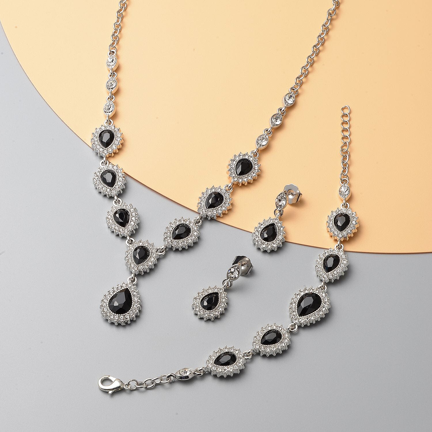 Black Glass, Austrian Crystal Bracelet (6.50-8.50Inch) Earrings and Necklace 20-22 Inches in Silvertone